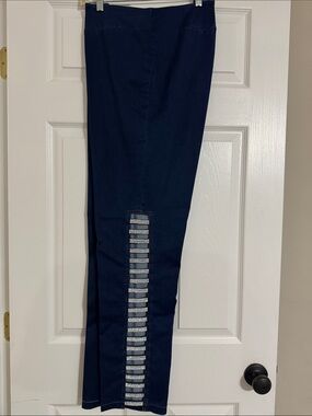 Navy Pull-On Jeans with Vertical Embellished Stripe
